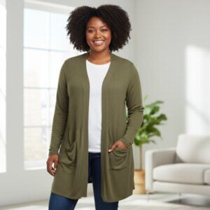 Terra & Sky Olive Green Open Front Longline Cardigan Sweater Women’s Plus 2X